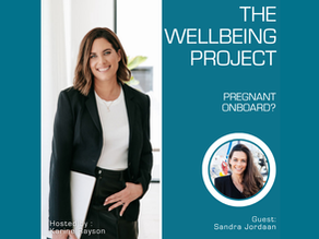 Professional promotional image for The Wellbeing Project featuring host Karine Rayson and guest Sandra Jordaan, with the text “Pregnant Onboard?” highlighting a discussion on pregnancy and crew rights in the yachting industry.