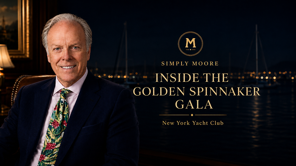 Michael Moore for Simply Moore with Golden Spinnaker Gala title text and a luxury nighttime yacht club marina background.