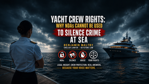 Dramatic graphic showing a yacht crew member looking toward a superyacht at sea under storm clouds, with central text reading “Yacht Crew Rights: Why NDAs Cannot Be Used To Silence Crime At Sea.”