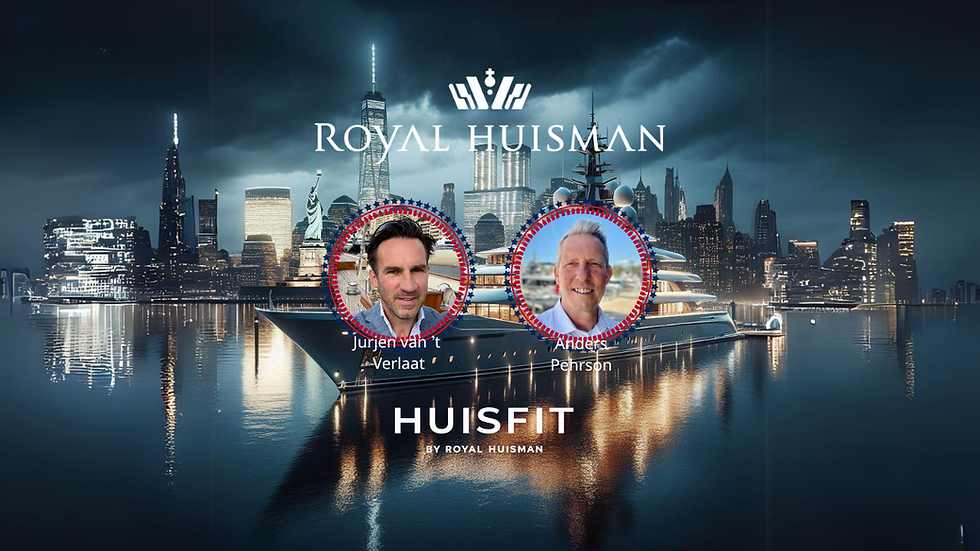 Royal Huisman superyacht at night with city skyline, featuring Huisfit branding and industry leaders discussing superyacht refit, innovation, and yacht construction