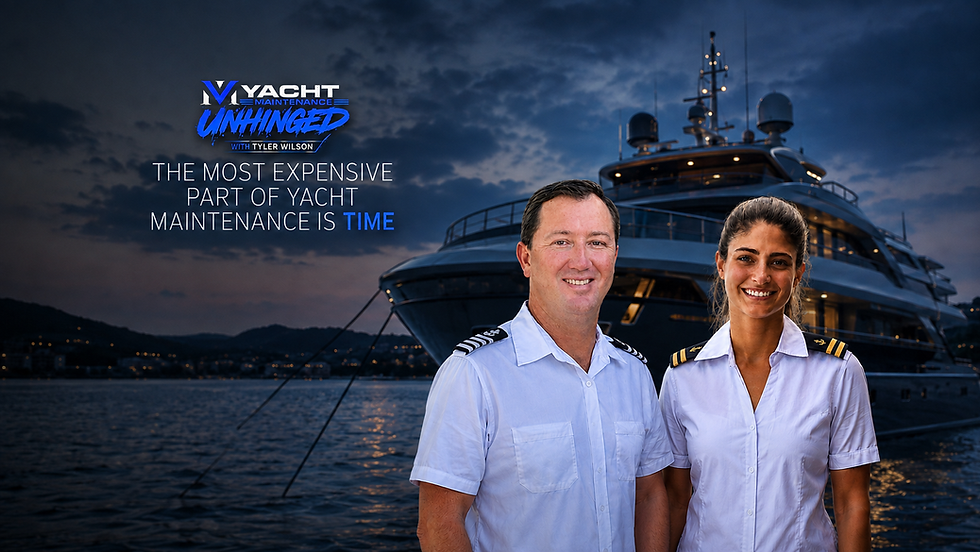 Captain Liam Devlin and Eleisha Mealing beside a motor yacht for an editorial about yacht maintenance, surface protection and crew time.