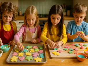 Crianças preparando cookies coloridos em uma cozinha doméstica, explorando sabores, texturas e criatividade.