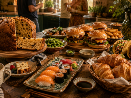 Uma grande mesa horizontal representando a convivência entre culturas gastronômicas. Um panetone fatiado ao lado de uma cafeteira brasileira, um conjunto de sushis servidos em cerâmica artesanal, hambúrgueres compartilhados entre amigos, croissants recém-assados e tacos coloridos. Os elementos devem coexistir naturalmente, como se sempre tivessem pertencido ao mesmo cotidiano. Ao fundo, detalhes sutis de uma cozinha contemporânea sugerem que diferentes tradições podem habitar o mesmo lar.