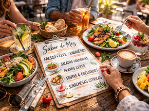 Um cardápio aberto sobre a mesa, com luz natural suave, sugerindo escolha e reflexão. Alternativamente, um prato fresco e colorido em ambiente urbano ensolarado, evocando leveza e disposição coletiva.