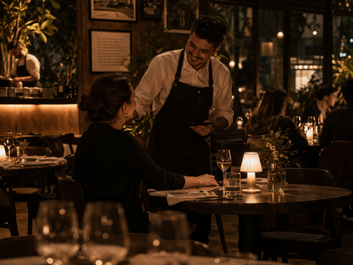 Imagem editorial de uma mesa de restaurante parcialmente ocupada, com luz quente e atmosfera íntima, onde um cliente é recebido com familiaridade por um garçom — expressão sutil de reconhecimento, ambiente acolhedor e sofisticado