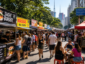 Imagem editorial ampla de uma feira gastronômica de rua em São Paulo, com barracas coloridas, pessoas circulando, alimentos sendo preparados na hora e a atmosfera vibrante de um domingo ensolarado próximo à Avenida Paulista