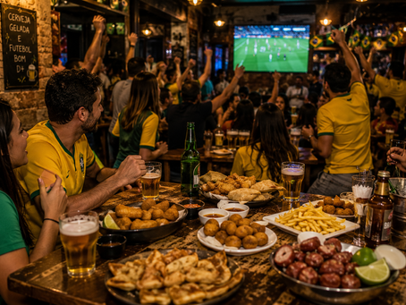 Um bar brasileiro lotado durante uma partida decisiva da Copa do Mundo. Mesas repletas de petiscos compartilháveis, copos de cerveja, televisões transmitindo o jogo ao fundo e torcedores reagindo a um lance importante. A fotografia deve capturar a energia coletiva do futebol e a presença da comida como protagonista silenciosa da experiência.