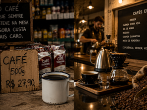 Xícara de café simples sobre balcão popular, enquanto ao fundo uma cafeteria sofisticada prepara cafés especiais