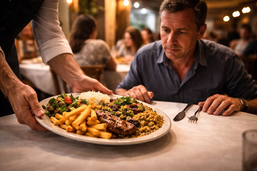 Um garçom inclina o prato sobre a mesa, enquanto o cliente mede com os olhos a porção antes do primeiro garfo