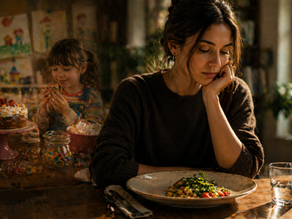 Imagem editorial de uma pessoa adulta olhando um prato simples com expressão contemplativa, enquanto ao fundo, levemente desfocado, há uma referência visual à infância (como doces ou cores vibrantes) — luz suave e atmosfera introspectiva