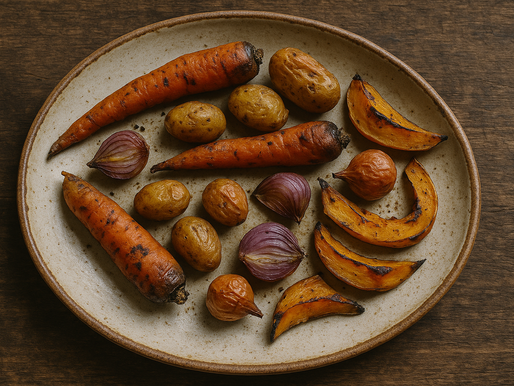 Prato rústico, com legumes assados de formas irregulares e aparência natural. com aspectos reais por favor