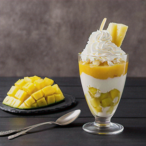 taça de sobremesa líquida com frutas e espuma servida em um bar moderno.