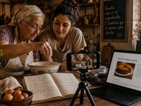Imagem editorial de uma cozinha que contraste gerações — mãos mais velhas ensinando uma receita tradicional enquanto dispositivos digitais registram ou substituem o processo, com atmosfera nostálgica e contemporânea
