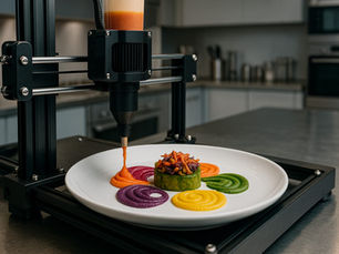 Impressora 3D preparando um prato artístico com purês coloridos e base vegetal, em uma cozinha moderna de laboratório gastronômico.