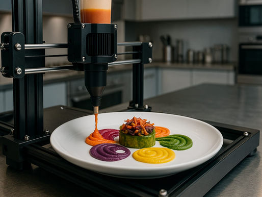 Impressora 3D preparando um prato artístico com purês coloridos e base vegetal, em uma cozinha moderna de laboratório gastronômico.