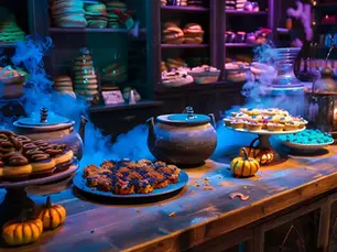 Vitrine de confeitaria com doces inspirados em Halloween, coloridos em tons de laranja e roxo.