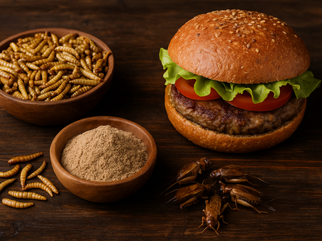 Close de insetos desidratados e farinha de grilo sobre fundo rústico, ao lado de um hambúrguer proteico feito à base de insetos.