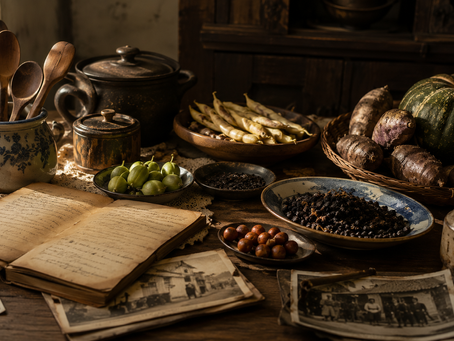 Uma mesa antiga parcialmente posta, com receitas manuscritas amareladas pelo tempo, utensílios tradicionais e alguns ingredientes regionais pouco conhecidos. Parte da mesa aparece iluminada, enquanto outra parte se dissolve suavemente em sombras, simbolizando sabores e hábitos que desapareceram silenciosamente da vida cotidiana.