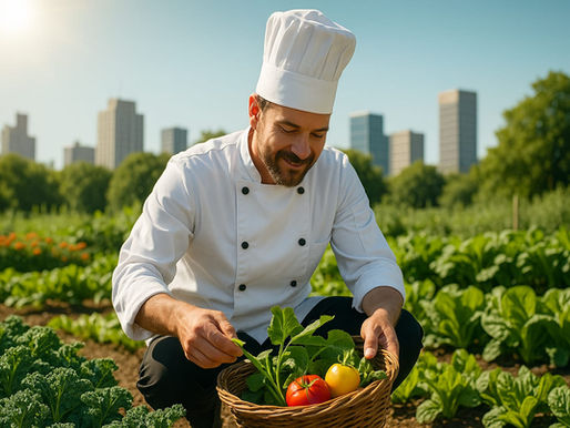 Chef em uma horta urbana colhendo ingredientes sazonais sob sol forte, simbolizando adaptação climática e sustentabilidade na gastronomia.