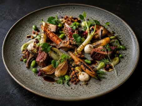 Imagem editorial sofisticada mostrando um prato contemporâneo onde vegetais, ervas, proteínas, molhos e texturas dividem harmoniosamente o espaço visual, sem nenhum elemento dominante, com estética refinada de alta gastronomia