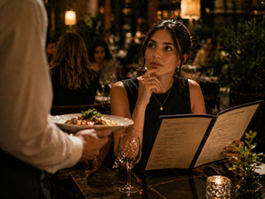 Imagem editorial de uma pessoa com o cardápio aberto, olhando para o garçom com leve hesitação, enquanto um prato atraente passa ao fundo — luz quente, movimento sutil e atmosfera sofisticada