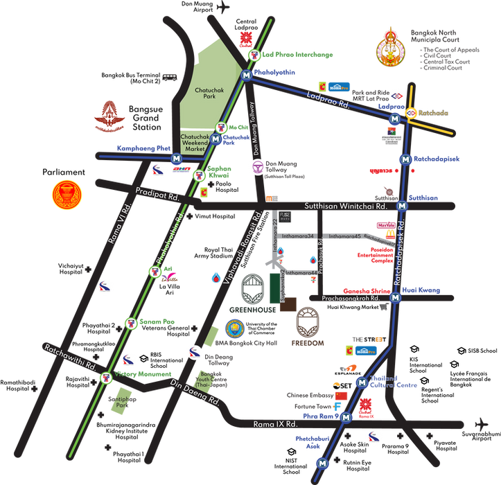 แผนที่ภาพประกอบแสดงสิ่งอำนวยความสะดวกและสถานที่ท่องเที่ยวที่ใกล้ที่สุดจาก I-NINE Greenhouse และ I-NINE Freedom (โครงการอสังหาริมทรัพย์เพื่อที่อยู่อาศัย) สิ่งอำนวยความสะดวก ได้แก่ โรงพยาบาล โรงเรียน สถานีขนส่งขนาดใหญ่ ห้างสรรพสินค้า ฯลฯ