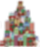 A large pile of multicolored, wrapped gifts with bows and various cartoon toys scattered on top.