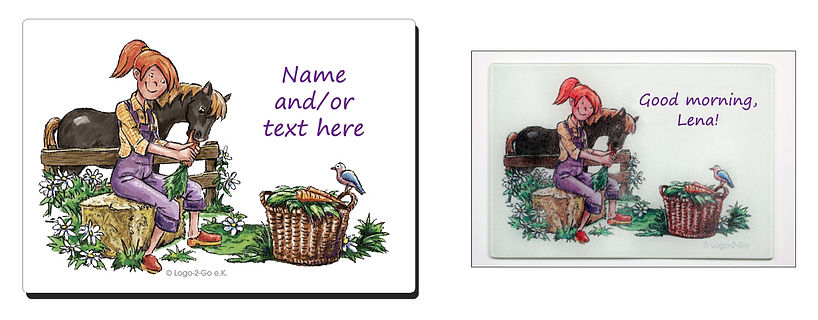 Breakfast board decoration with Lena Longlegs character: full view of decoration and mockup with actual board.