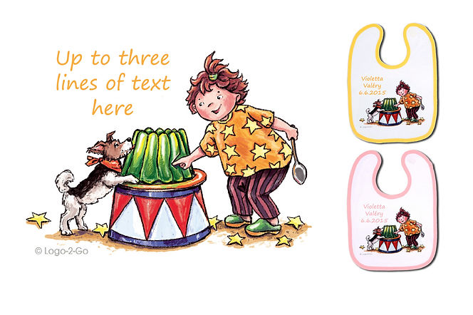 A detailed view of our bib decoration with our Ruby Redsox character, together with a mockup of two bibs with the customised decoration and two different border colours.