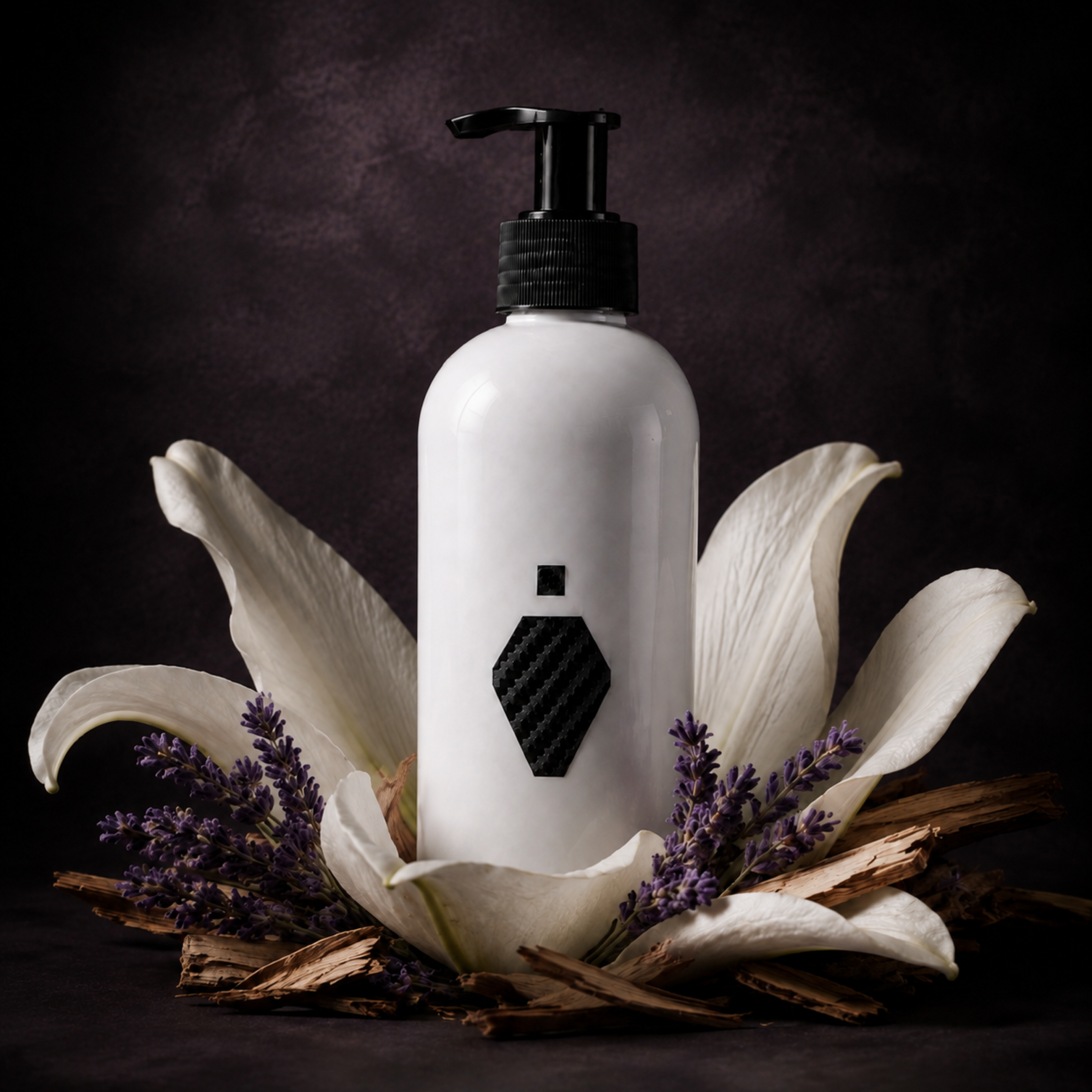 COAX LLS hand and body soap cradled by pale lily petals on a soft floral set