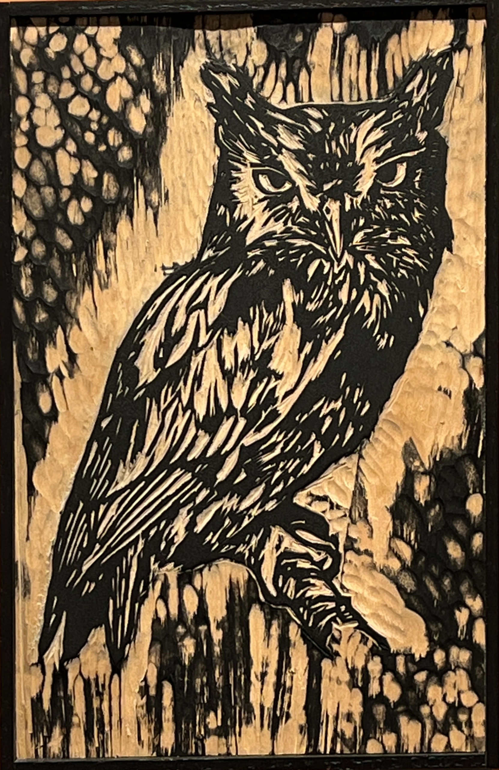 Screech Owl Hand-carved Woodblock