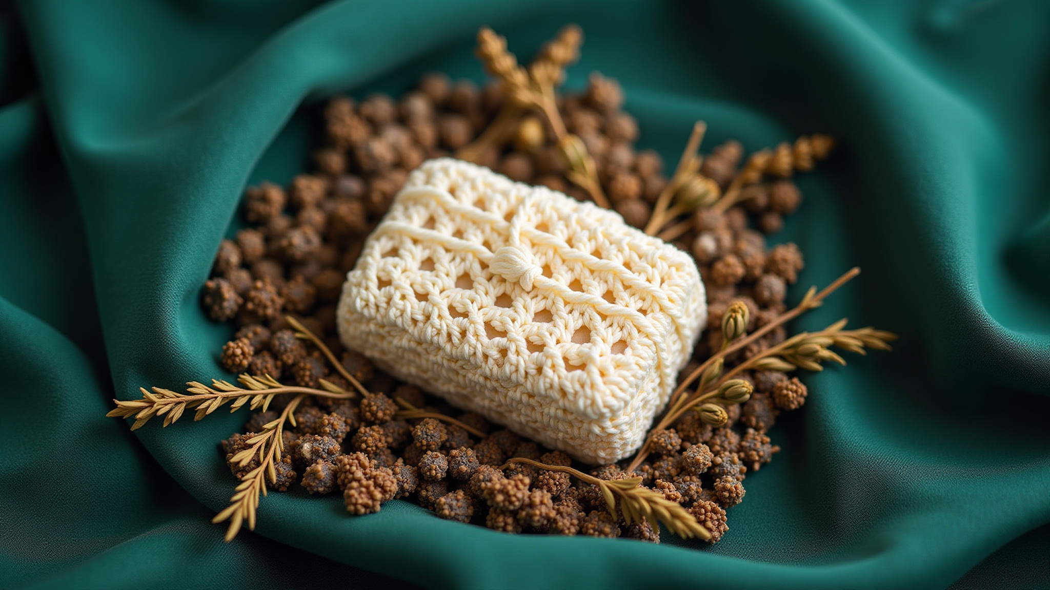 Crocheted soap holder with natural elements