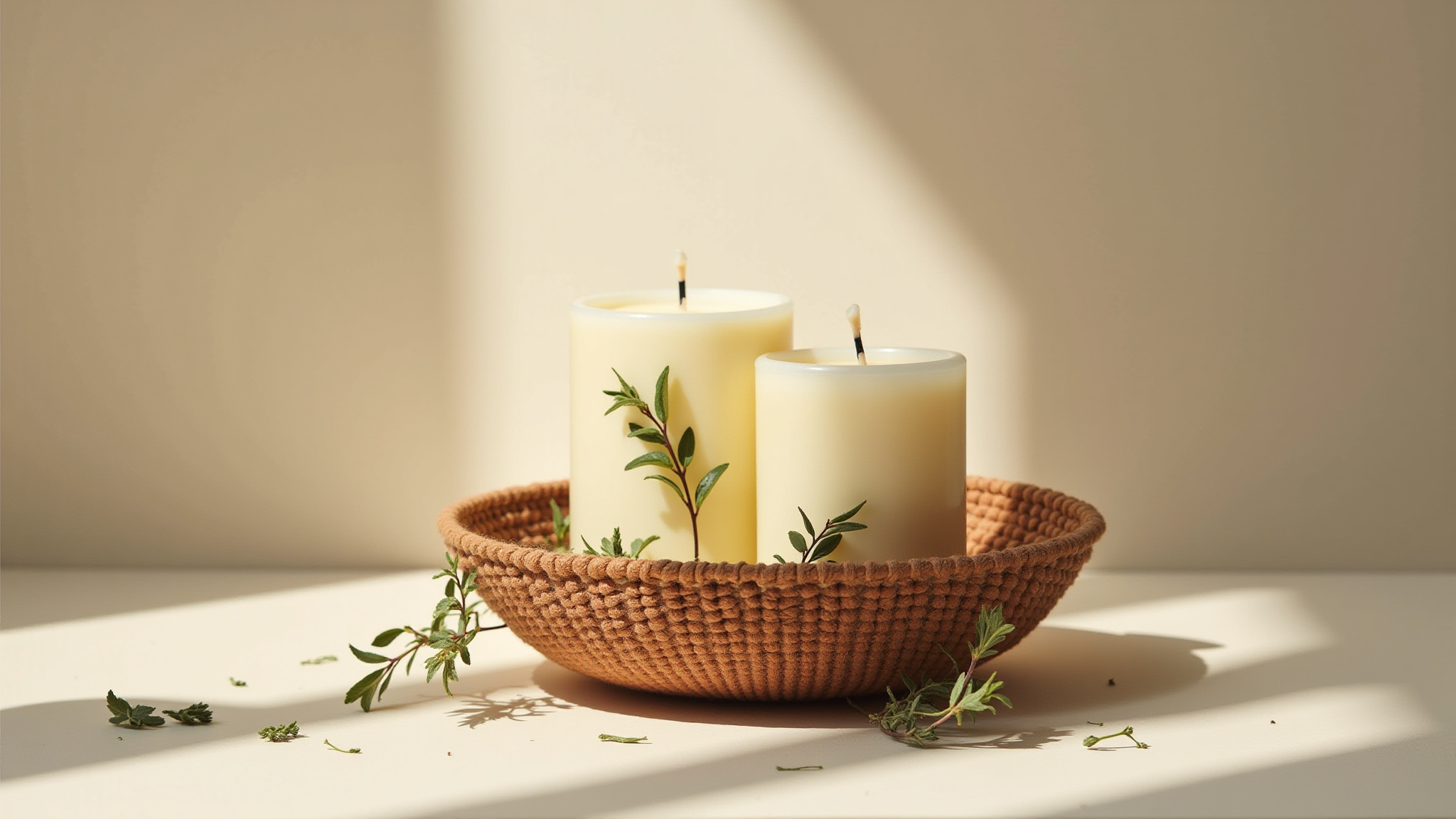 Two lit cream candles with green sprigs in a woven bowl