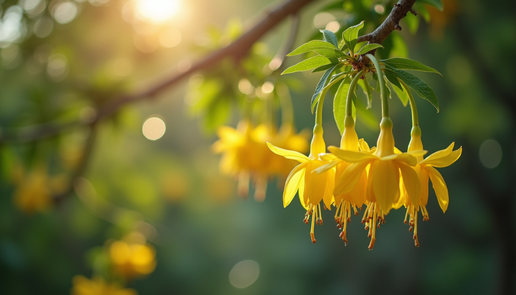 Close-up view of fresh ylang ylang flowers hanging from tree branches