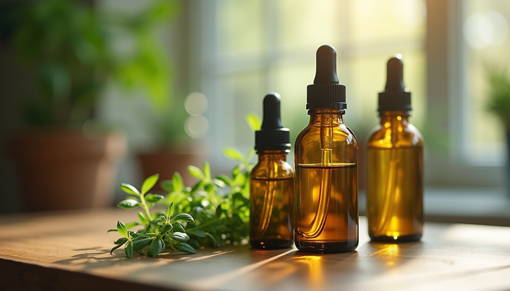 Close-up view of essential oil bottles with fresh herbs on wooden table