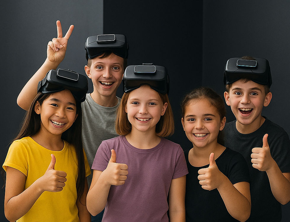 Eye-level view of a virtual reality gaming setup with headsets and controllers