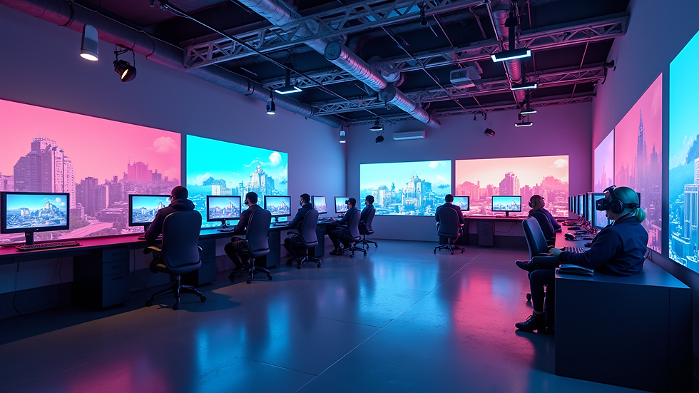 Wide angle view of a spacious VR gaming room with multiple stations