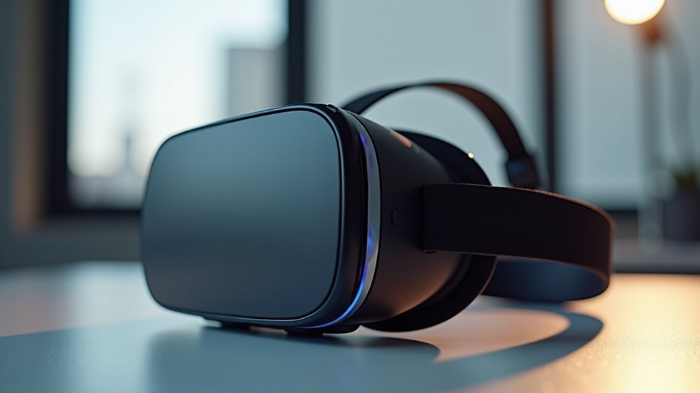 Eye-level view of a high-tech VR headset on a minimalist desk