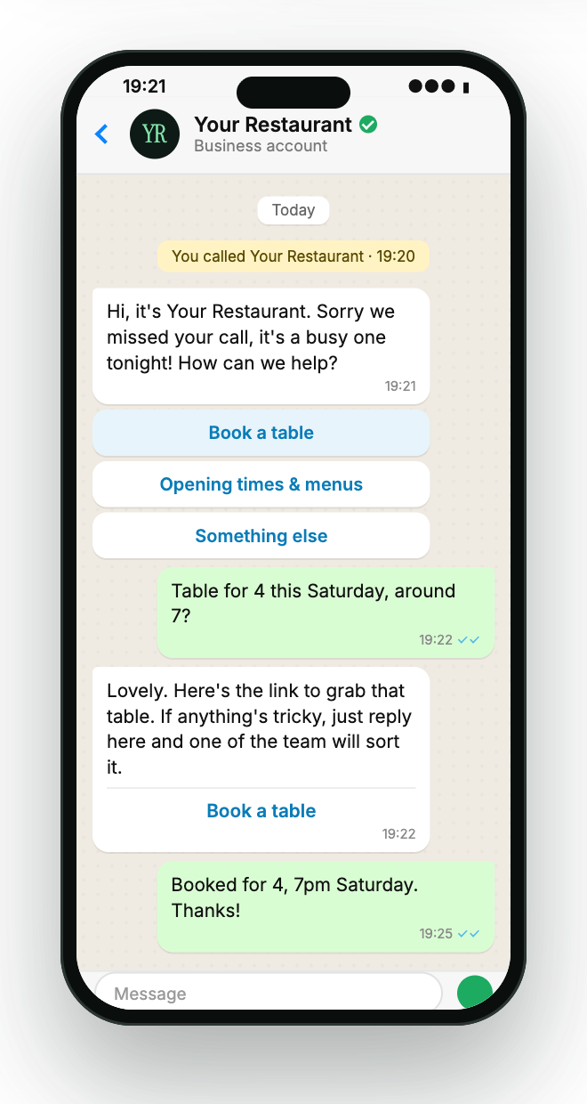 Illustrative WhatsApp thread: a restaurant replies to a missed call within a minute with options to book a table, see opening times or ask something else