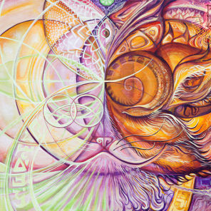 Visionary art acrylic painting of quantum cheshire cat 