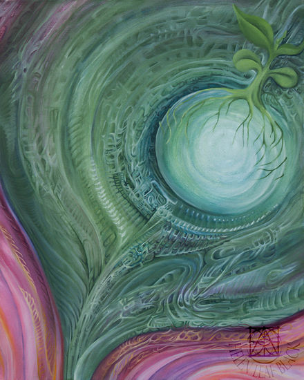Intuitive art oil painting with tree seedling in green and pink