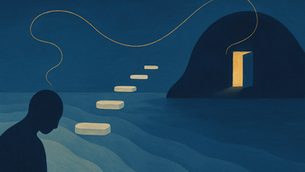 illustration of a Calgary male stepping across stones toward a lit doorway—symbolizing depression counselling, depression treatment, and major depressive disorder treatments.