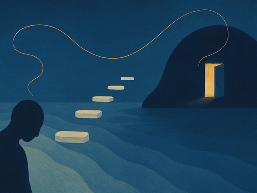 illustration of a Calgary male stepping across stones toward a lit doorway—symbolizing depression counselling, depression treatment, and major depressive disorder treatments.