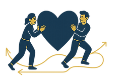 Illustration of two people guiding a heart along a winding path symbolizing relationship counselling at Compassionate Central