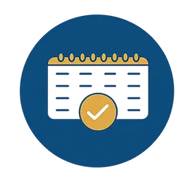 Illustration of a calendar with a check mark, symbolizing the first step in starting therapy and highlighting easy session booking, new client intake support, and streamlined therapy onboarding.