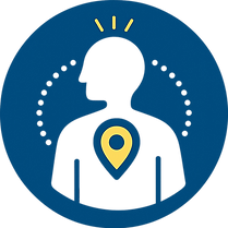 Head icon with chest marker and radiating dots shows focus on anxiety attack symptoms like increased heart rate and shortness of breath through exposure therapy in Calgary.