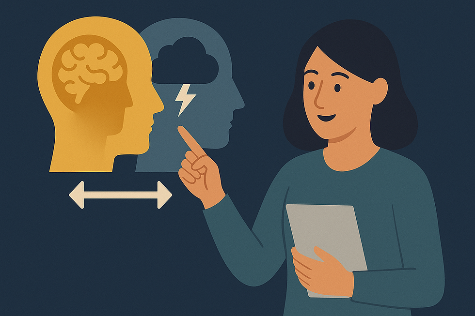 Woman with tablet points at illustrations of two heads, one with a brain, the other with a storm cloud, on a dark blue background.