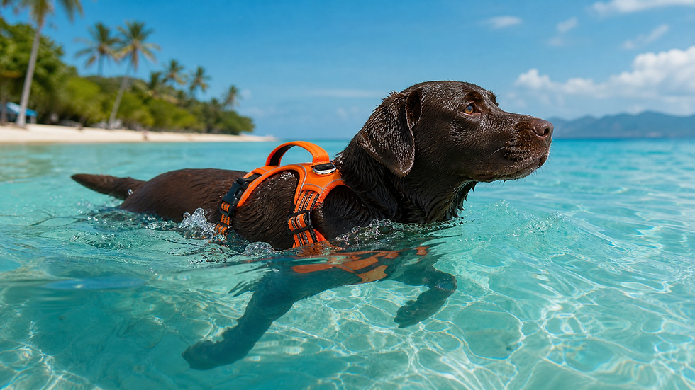 Thumbnail: Black dog swimming in clear water wearing a high-visibility orange flotation vest with top handle.