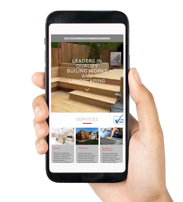 Hand holding phone showing landscaping website