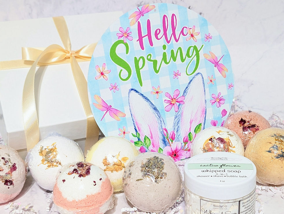 gift box with multiple bath bombs, whipped soap and wall sign